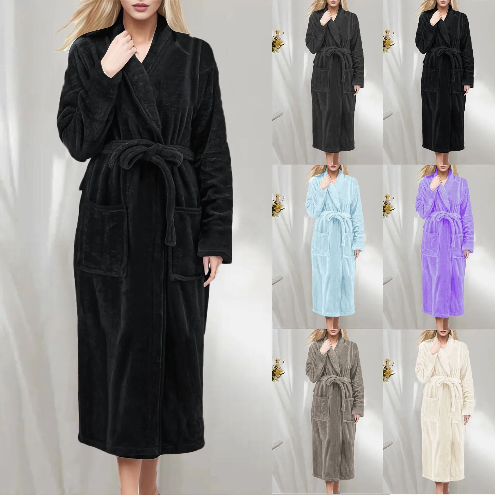 

Women Fleece Bathrobe Solid Color Winter Sleepwear For Female Long Sleeve Pocket Belt Cardigan Flannel Nightgown пижама женская