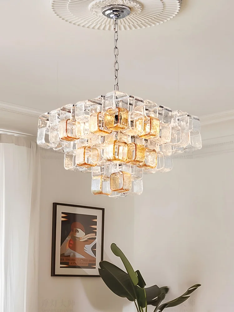 French Murano Handmade Glass Chandelier Sugar Cube Vintage Crystal Hanging Lamp For Living Room Dining Room Bedroom Indoor Decor