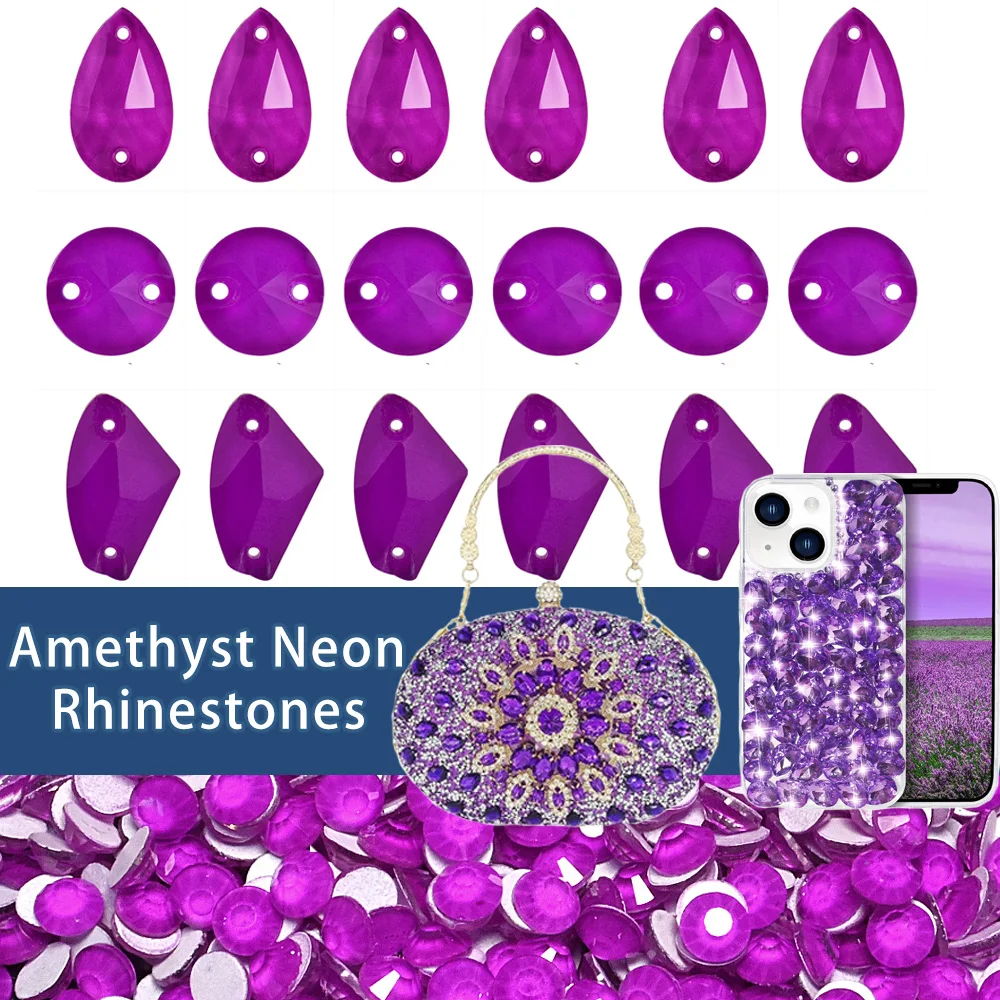 

Amethyst Neon All Shape Sew On Rhinestones Flatback Sewing Crystal for Clothes Decoration Mix Shape Sewing Glass Strass Stone