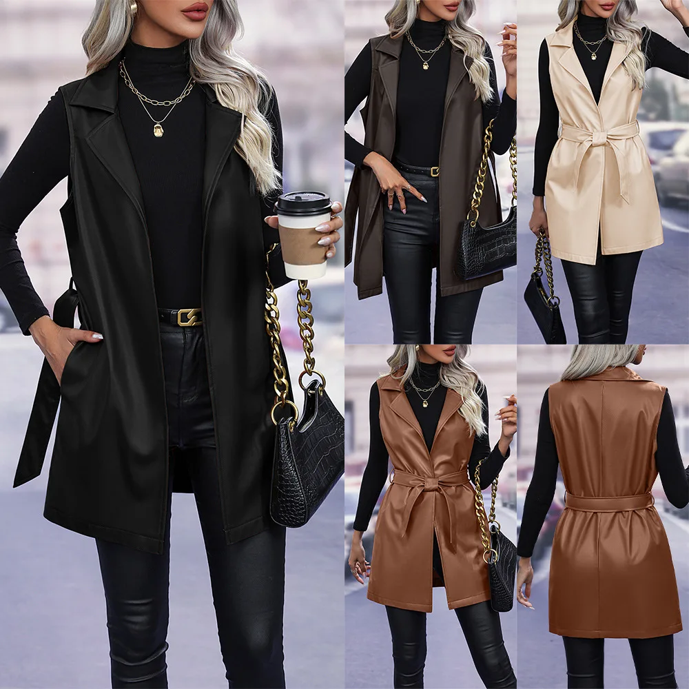 2025PU Leather Cardigan Strap Vest Jacket Top Women