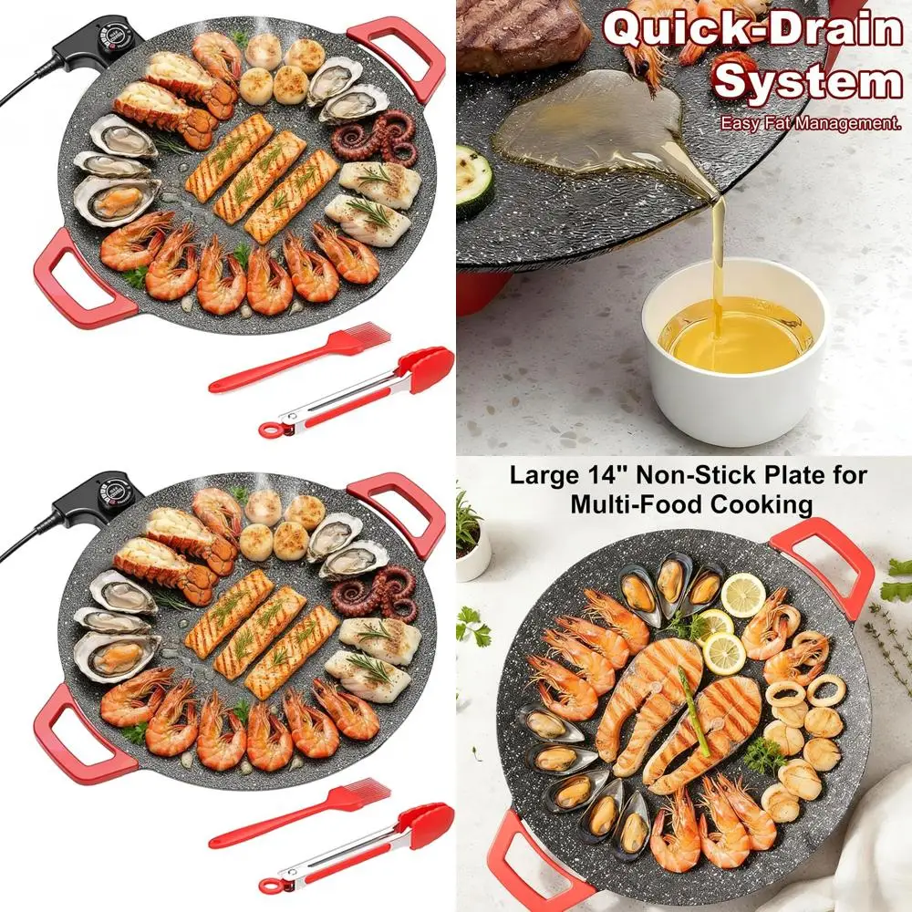 

14 Nonstick Indoor Electric Grill with Temperature Control, Oil Brush & Tongs - Perfect for Steaks, Pancakes & BBQ