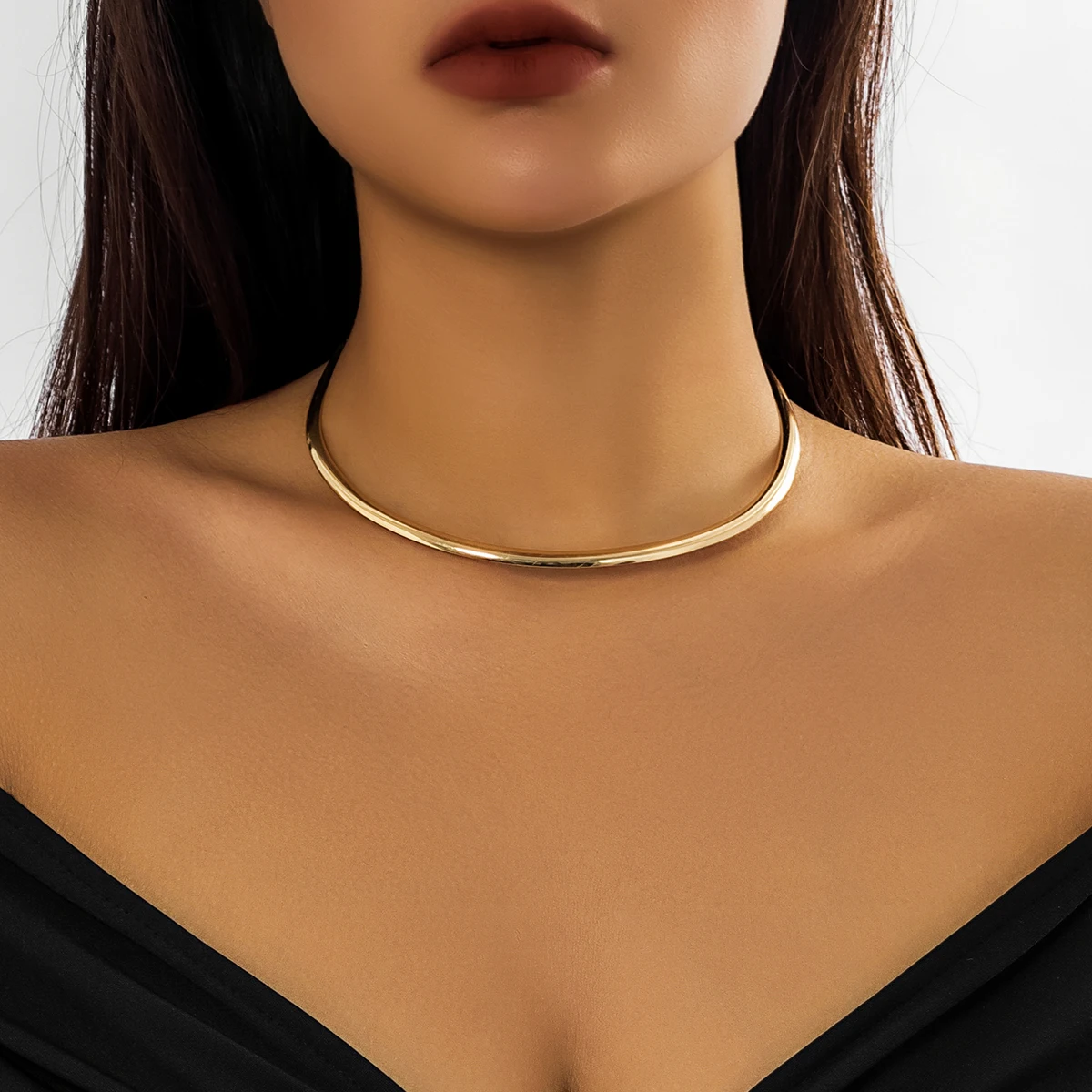 IngeSight.Z Punk Smooth Metal Round Torques Choker Necklace for Women Simple Gold Color Collar Necklace Party Jewelry Gift