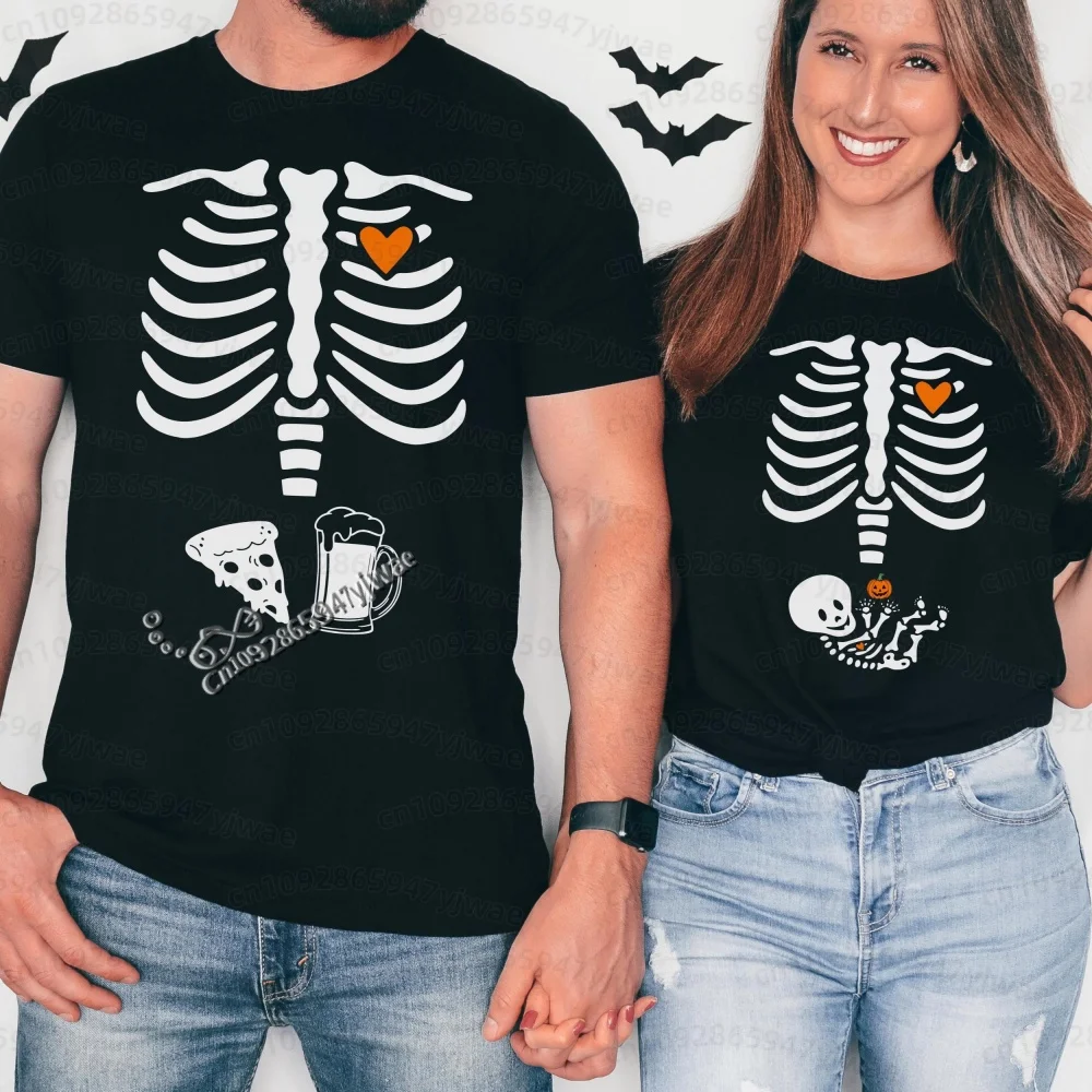 2026 Herren Halloween Skelett Schwangerschafts-Baby Halloween T-Shirt Totenkopf-Knochen-Druck Kurzarm Damen Herren Halloween Paar T-Shirt – Detail 25