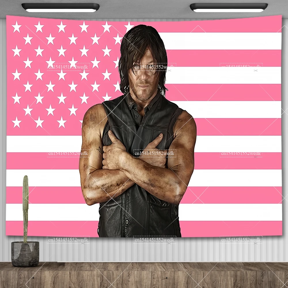 Norman Reedus Pink American Flag Tapestry Aesthetics R-Reedus Tapestry Wall Hanging College Dorm Room Decor Flags Banners