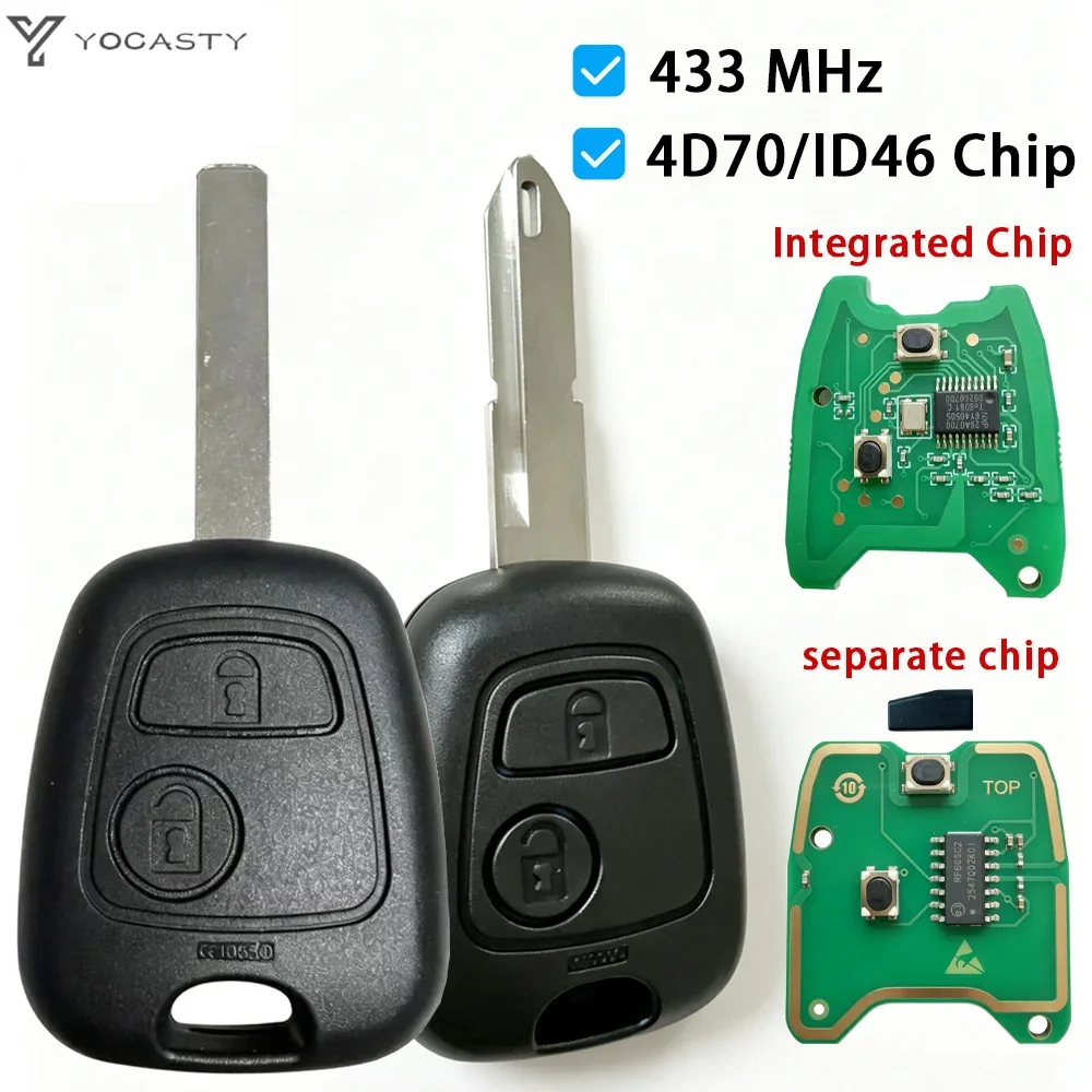 YOCASTY Для Peugeot 106 107 206 306 307 407, для Citroen C1 C2 C3 C4, для Toyota Aygo, дистанционный ключ-брелок 433 МГц, чип 4D70 / ID46