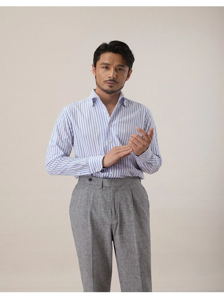 

Cultum Italian Sle Busin Casual Bubble irt Men's Long Sve Striped Youth Leisure irt Stand Fit Iron Free Cotton