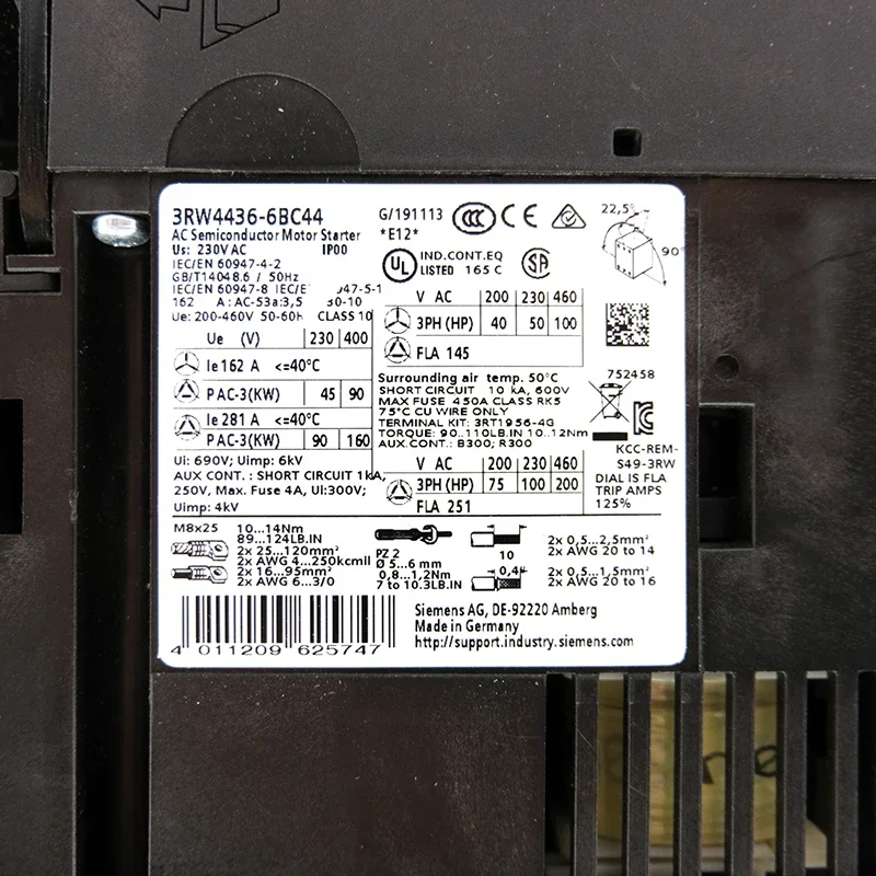 Siemen Original Sirius 3RW44 Series PLC Module 3RW4436-6BC44 Soft Starter Industrial Control AC 380-480V 36A Semiconductor PAC