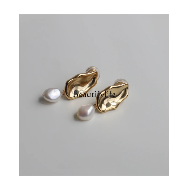 Non-Pierced French Retro Natural Pearl Irregular Metal Ear Clip