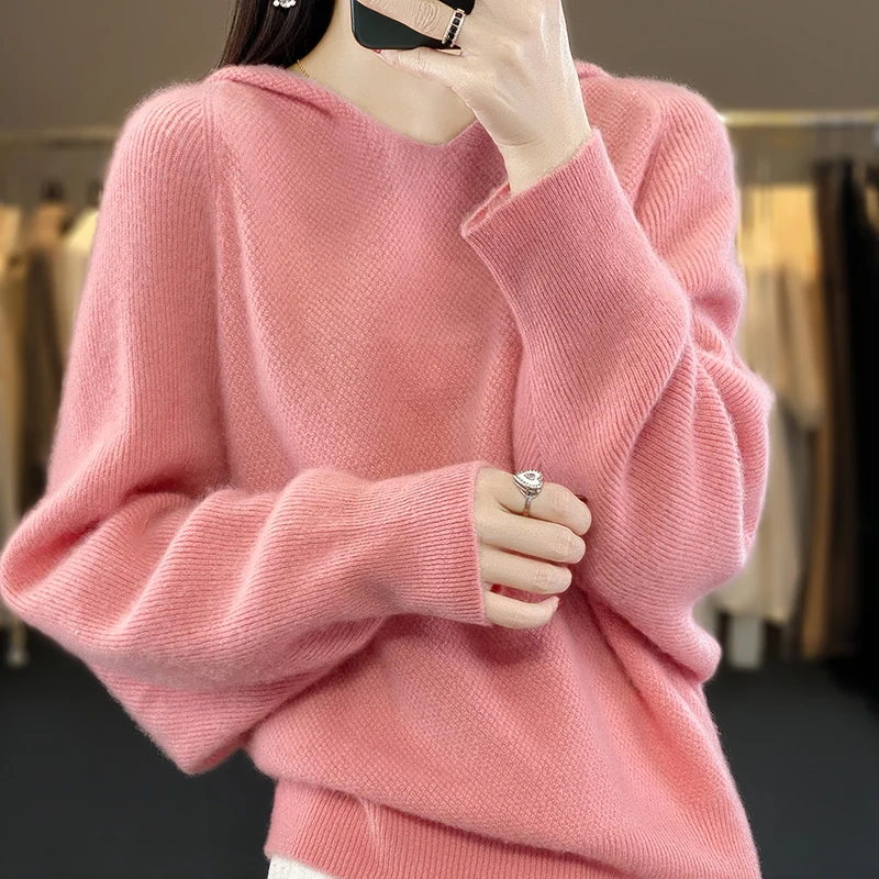 Autumn Winter New Women\'s 100% Wool Sweater Classic Fashion Female Solid Color Hooded Knitted Pullover Loose Soft Knit Jumper