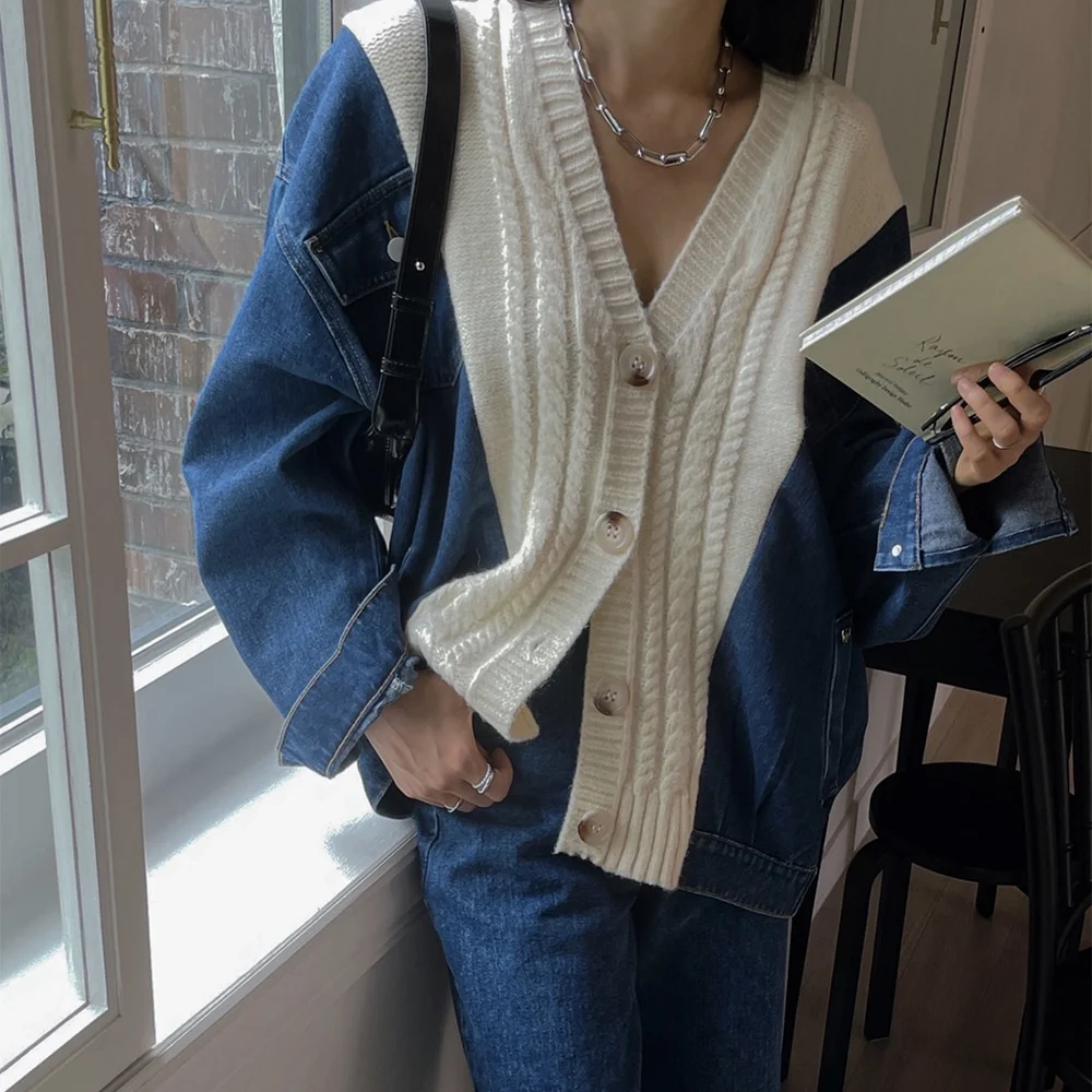 

Thiened Long Sve джинсовая трикотажная повседневная верхняя одежда женская осенне-зимняя мода корейский лоскутный повседневный топ