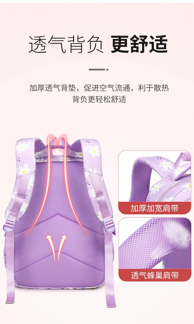 Large Capacity School Backpack for Girls Elementary Middle School Bags Purple Bookbag Student Flower Backpack with Many Pockets