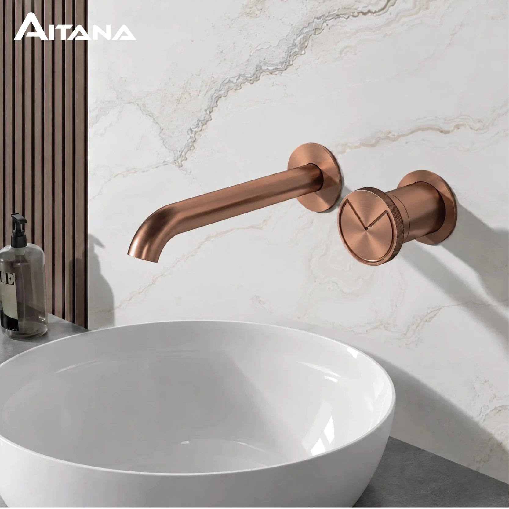 AITANA Brass Wall Mounted Basin Faucet Cold Hot Water Single Handle Two Hole Brushed Gold Nordic Style Bathroom Vanity Sink Tap