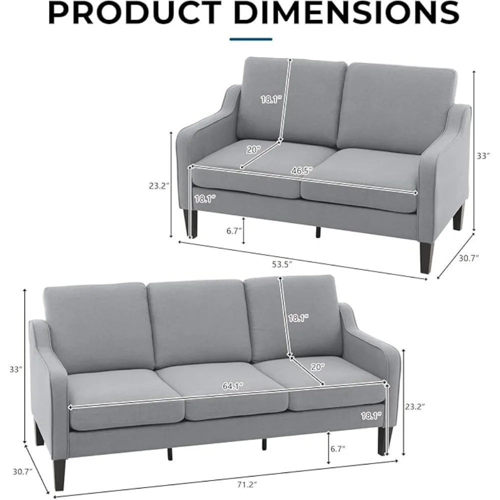 중간 세기 모던 라이트 그레이 러브 시트 및 소파 세트, 53 인치 작은 러브 시트 + 71 인치 소파 소파, 거실, 침실, 아파트용