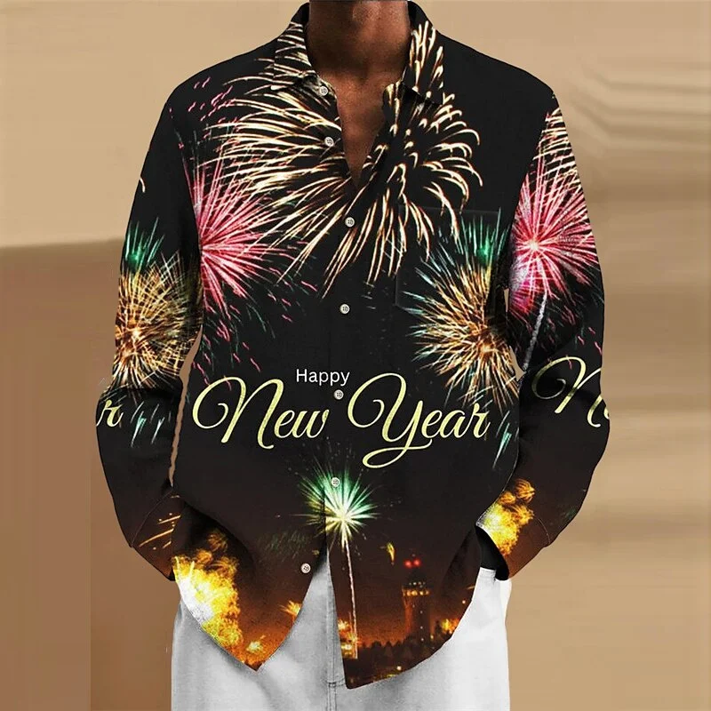 Happy New Year Casual Men's Shirt Daily Wear Weekend Autumn and Winter Lapel Long Sleeve Men's Christmas Party Shirt