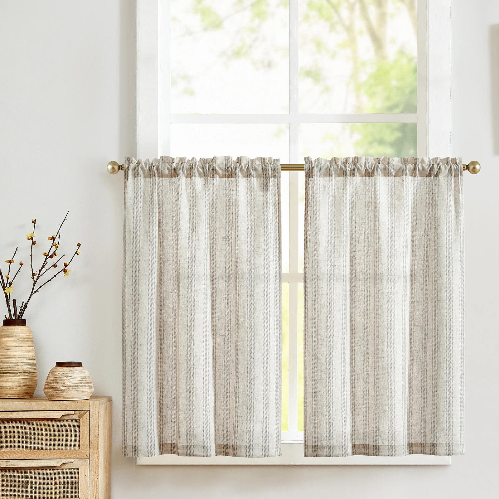 JINCHAN Linen Kitchen Curtains Striped Tier Curtains Cafe Curtains Farmhouse Small Curtains 2 Panels