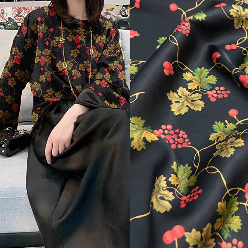 120CM Wide 25MM Gambiered Gauze Silk Fabric Red Fruites Print on Black Design for Cheongsam Horse Face Skrit Dress Pants E1592