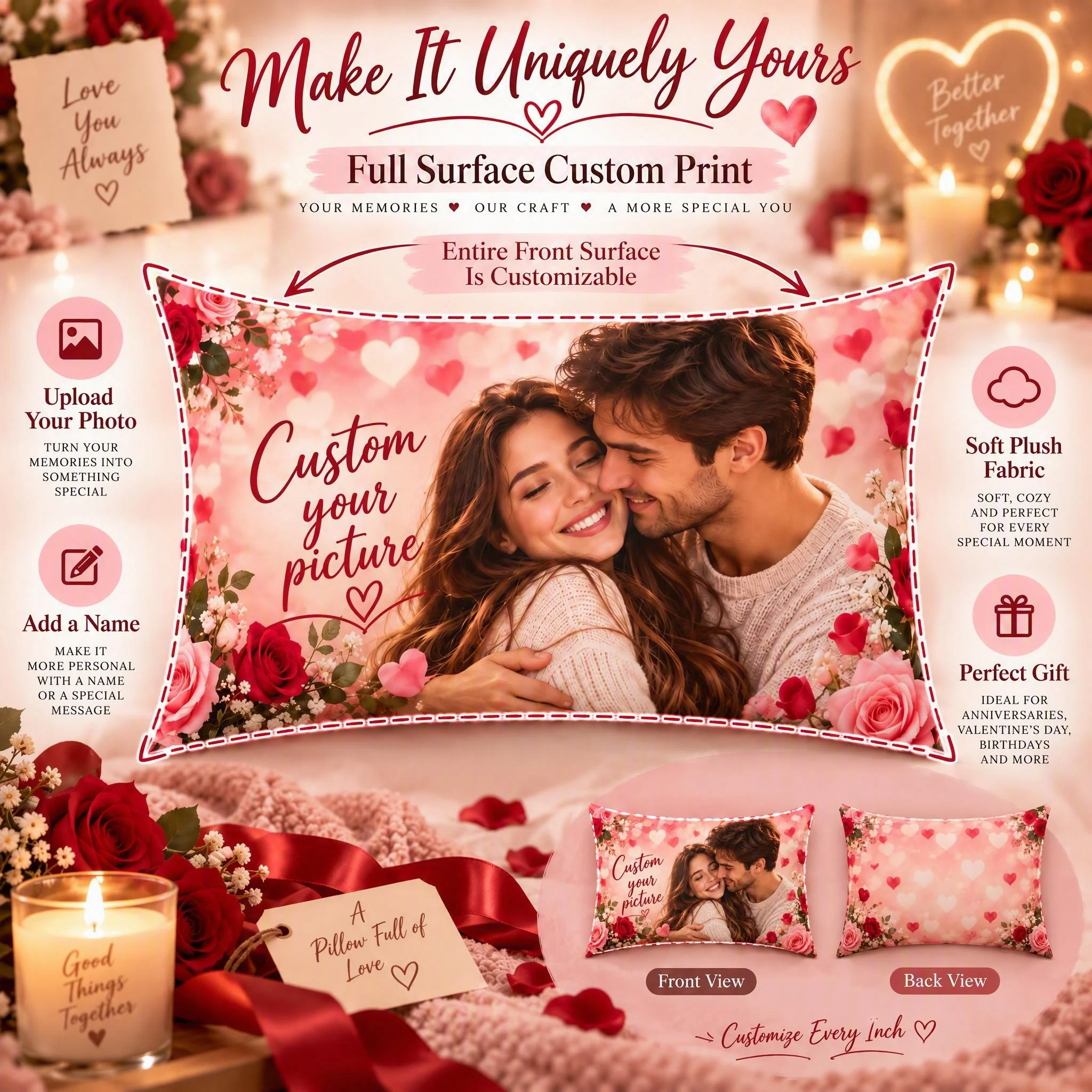 Full Picture Custom Long Body Pillow Cover Lumbar Cushion Case Couple Anniversary Gift Decorative Throw for Home Bedroom Sofa