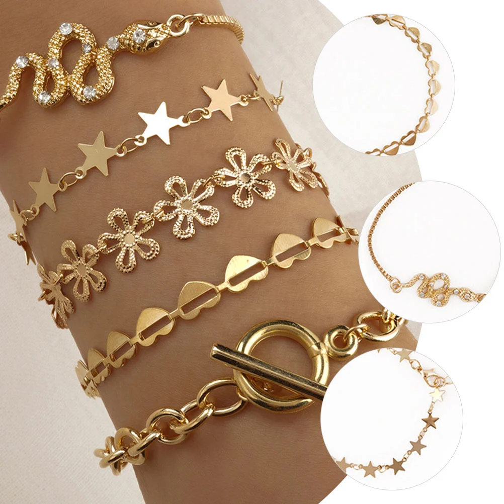 5 szt. Zestaw bransoletek na rękę Gwiazda węża Łańcuszek z czterema liśćmi w kształcie serca Możliwość układania w stosy Biżuteria warstwowa ze stopu Damska odzież na co dzień