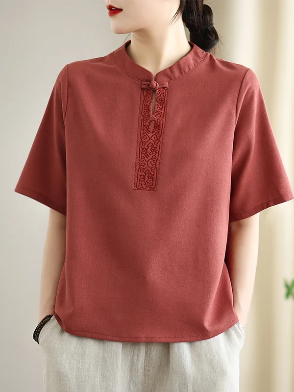 New Chinese Sle Embroidered Cotton Linen ort Sve T-irt Women Summer Vintage Button Stand Collar Linen irt Top