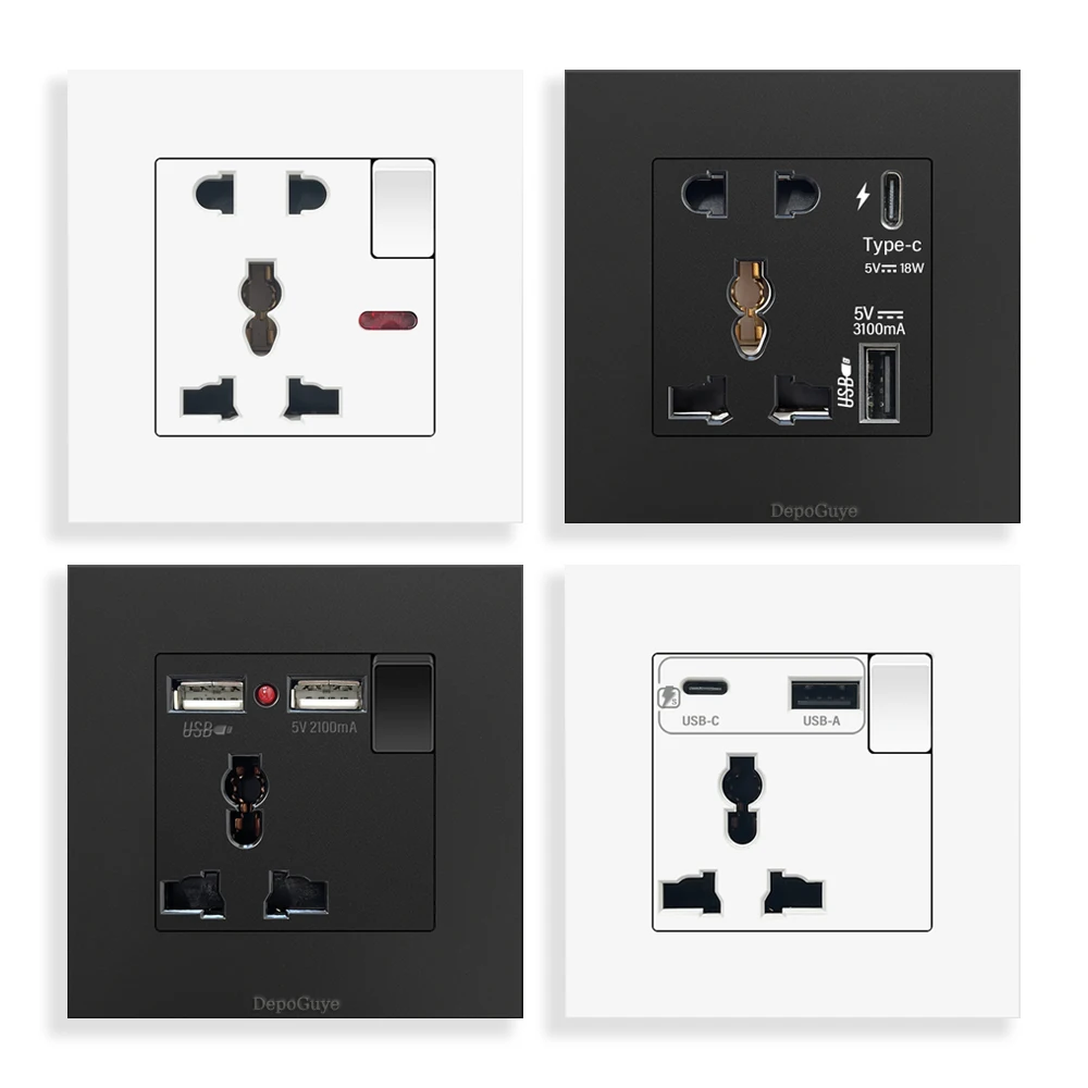 18W Type-C Plug Quick Charging Universal 5-pin Power Socket,Double 3-pin Wall Socket 5V 3.1A Type-c USB Charger AC 110-250V