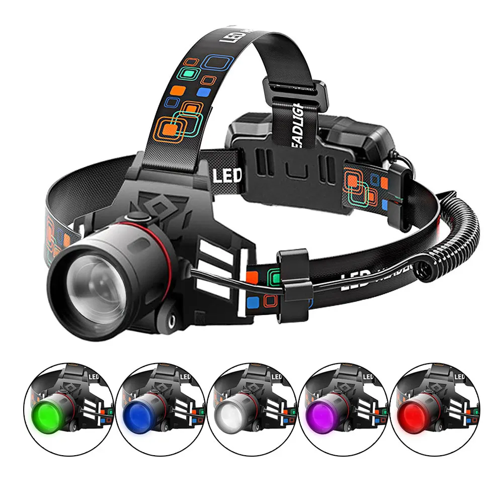 LED Headlamp 3-Mode Zoomable Headlight 18650 Head Torch Fishing Light Camping Red Hunting Flashlight Blue 395nm UV Green White