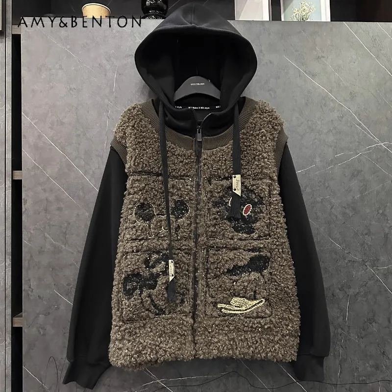 Loose Casual Sweet Age Reduction Cartoon Hooded Long-sleeved Commuting Versatile Thick Warm Zipper Fake Two Pieces Top Female