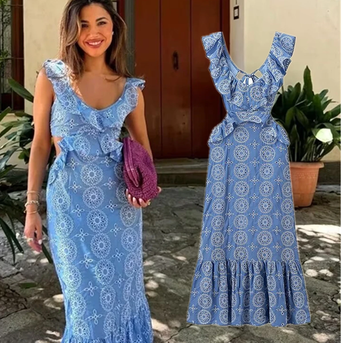 

Maxdutti Summer Vestidos Hollow Out Tank Dress Bohemian Blue Embroidery For 2024 Dress Women