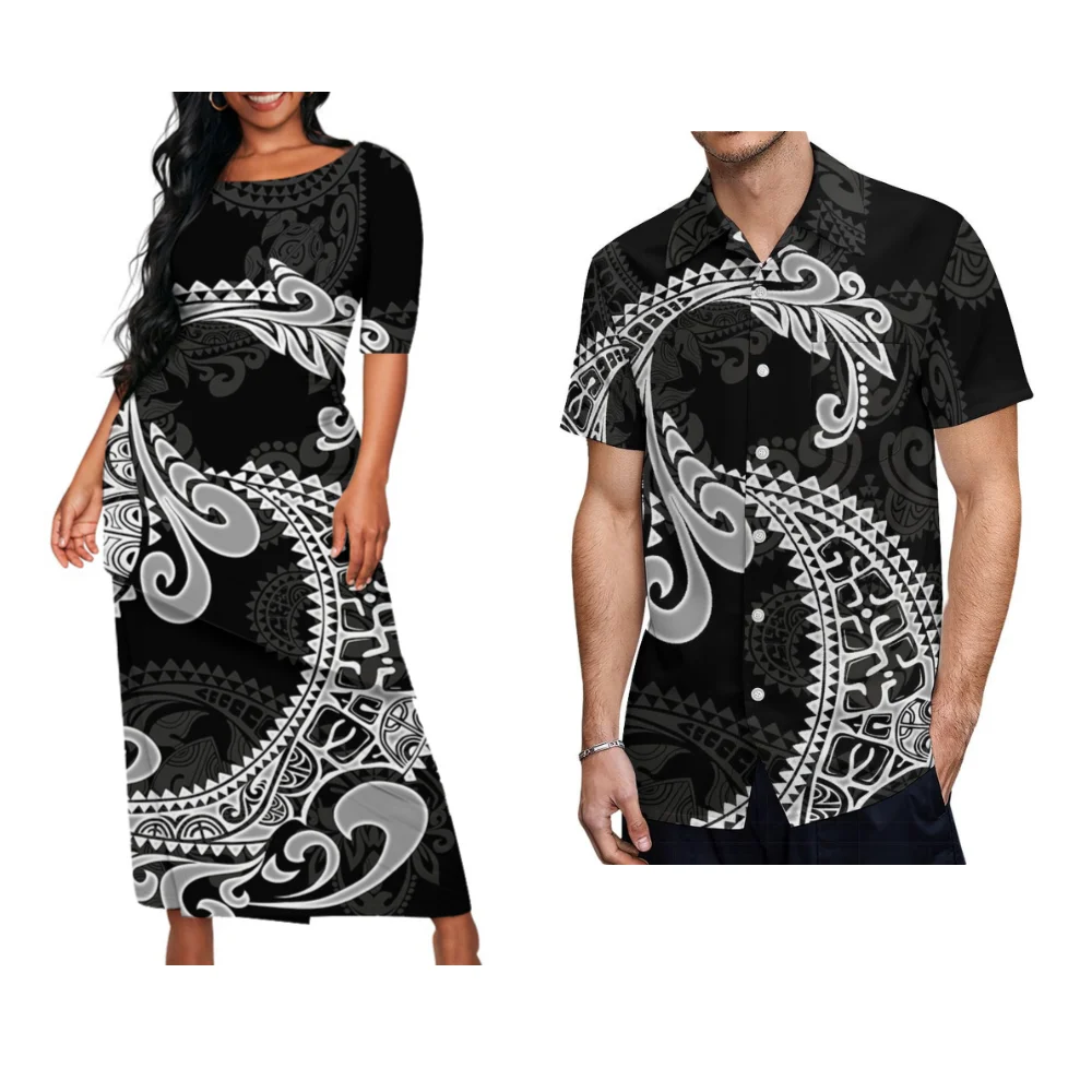 2024 Polynesian New Ladies Puletasi Custom Matching Men\'S Shirt Samoa Vintage Art Maxi Dress Set Samoa Couple Set