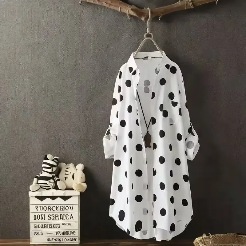 Plus Size Polka Dot Long Sleeve Shirt Classic Button Front Design Stylish Women's Comfortable Casual Wear New Style