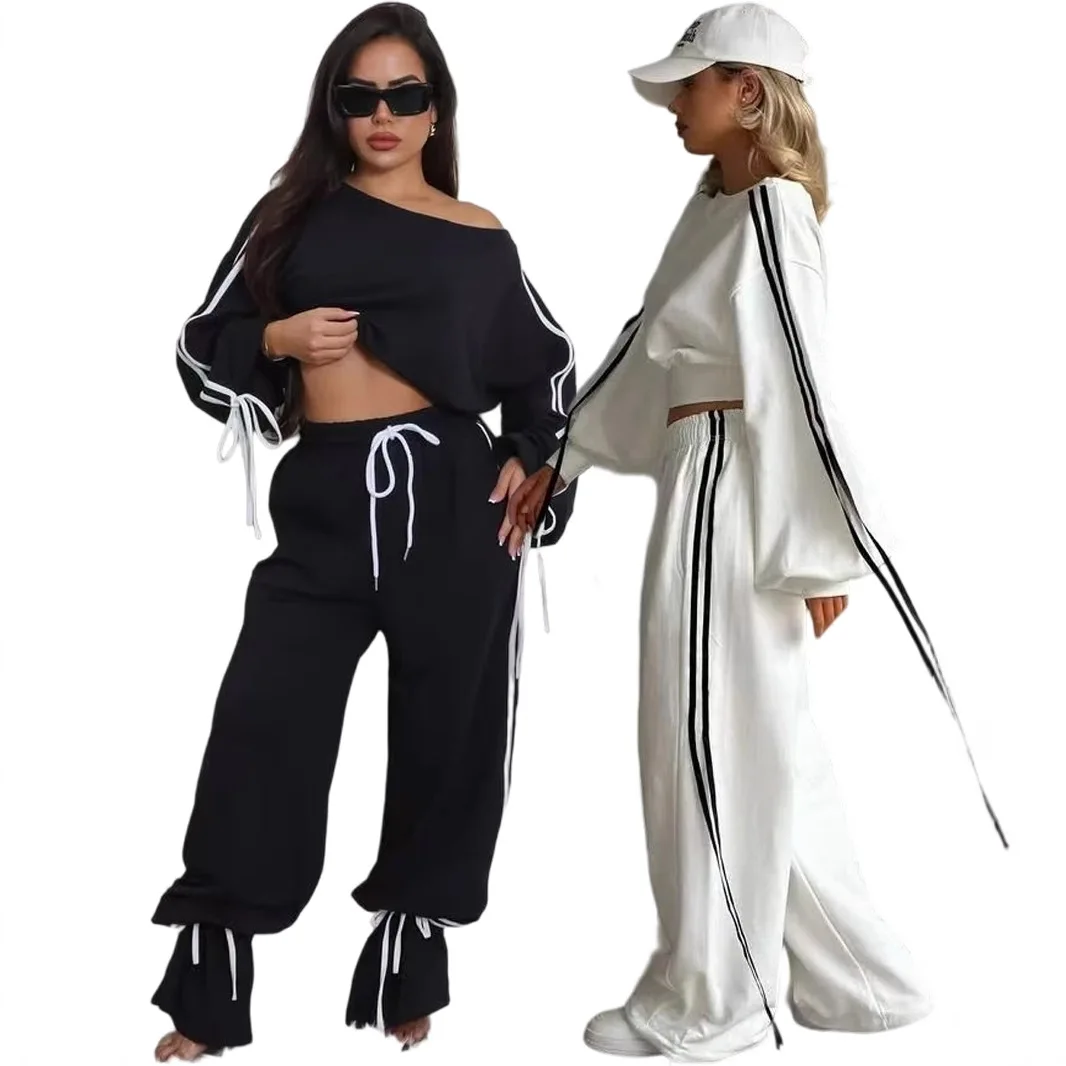 

2 Piece Sets Women Sports Suit Top Wide Leg Pants Outfits Sportswear Stripe Print Ensemble Drawstring Lace Up Tracksuit 2025