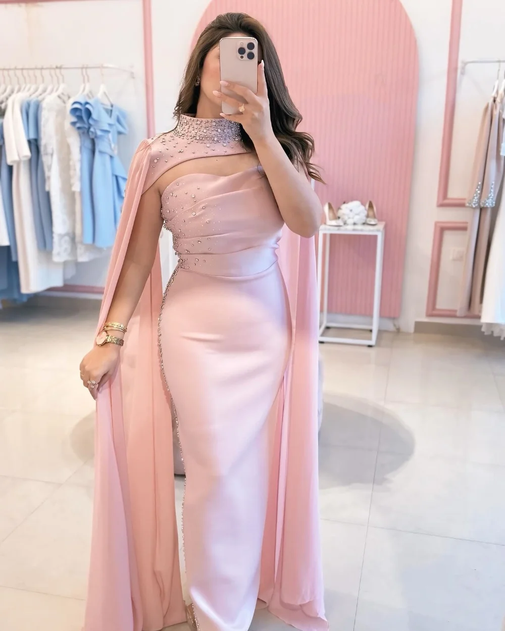 Customized Intricate Formal Jersey Rhinestone Beading Straight High Collar Midi Dresses Bespoke Occasion Dresses Exquisite Retro