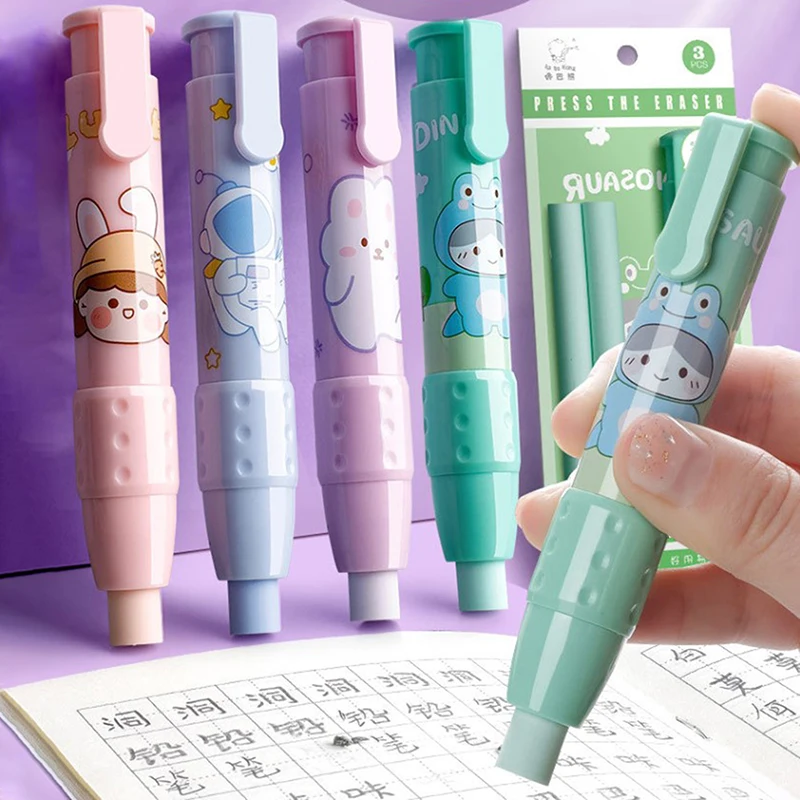 Pressing Cartoon Pencil Eraser Pen Type Cute Eraser Replaceable Rubber Core School Student Rubber Eraser Kid Gifts Office Eraser