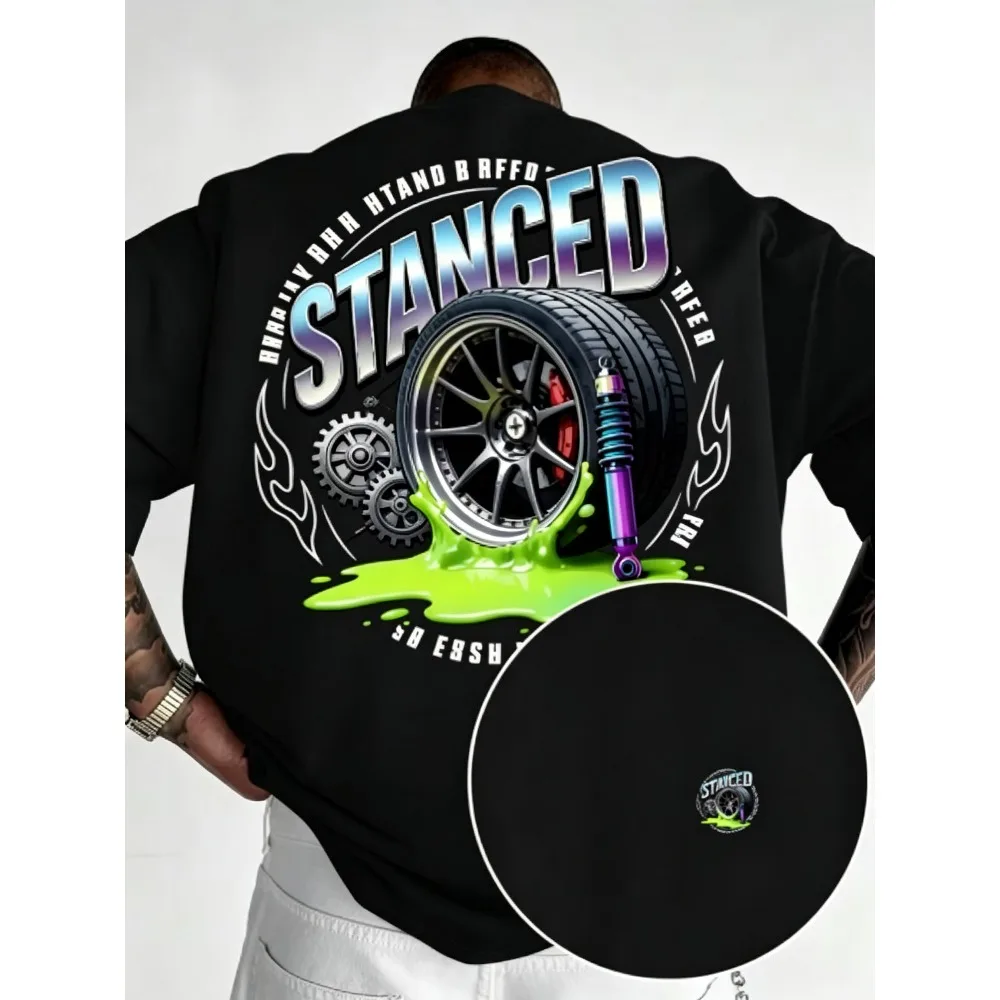 2026 New Stanced Car Graphic T-shirt, Modified Wheel Suspension Gear Print Crew Neck Short Sleeve Top