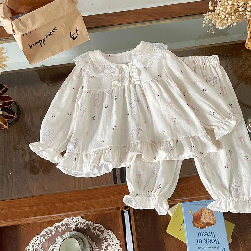 

Pajamas for Kids Girls 2025 Autumn New Cute Collar Lace Sweet Two-piece Set Toddler Girl Pajamas Set Sleepwear