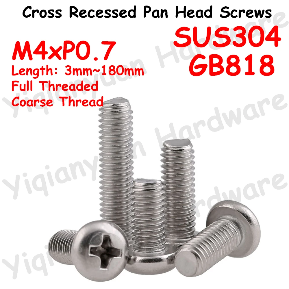 Yiqianyuan GB818 M4xP0.7 Coarse Thread SUS304 Stainless Steel Cross Recessed Pan Head Phillips Screws Precision Machine Bolts