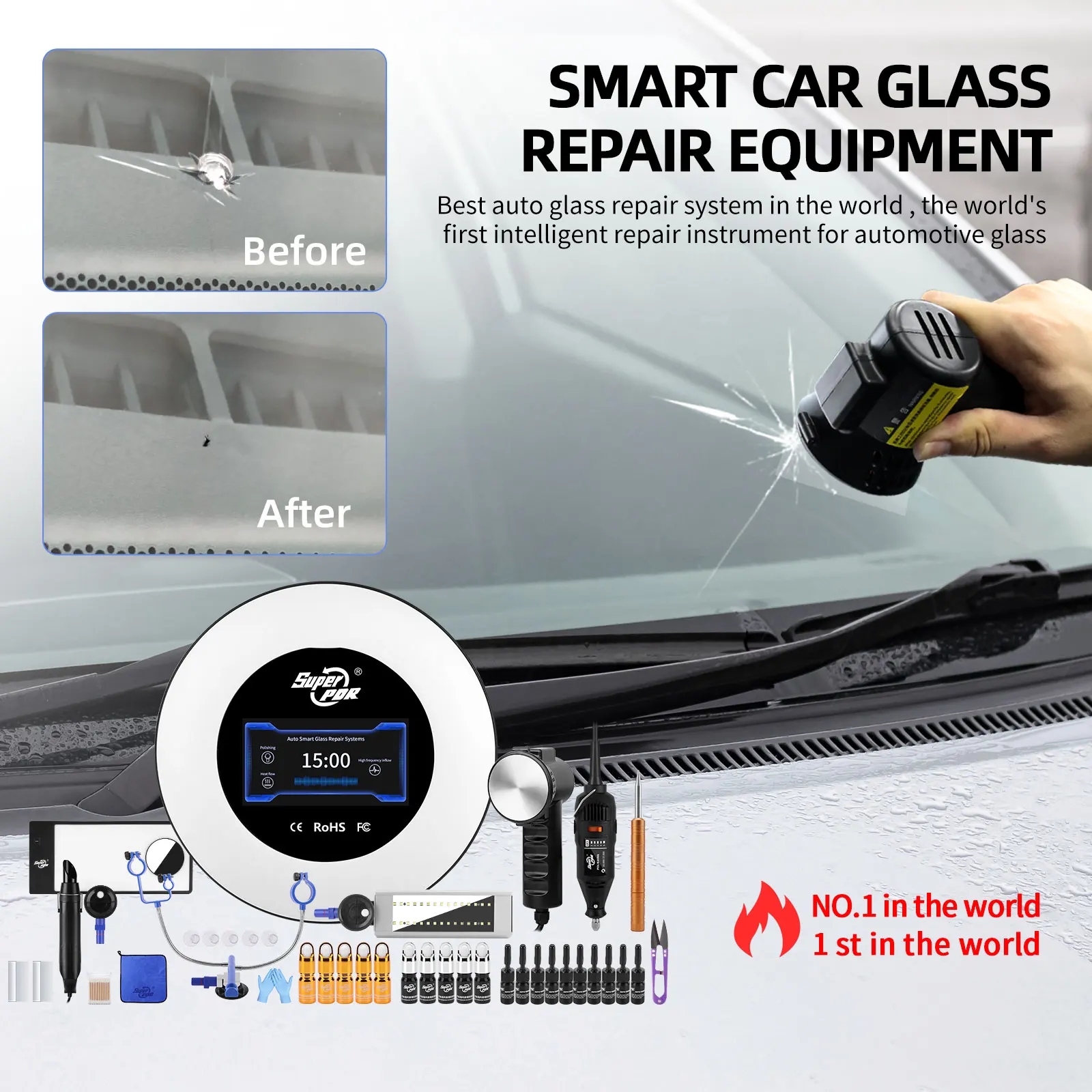 

Оборудование для ремонта стекла Super PDR 2-го поколения. Автоматический комплект для ремонта царапин и чипов на лобовом стекле. Умный ремонтник стекол.