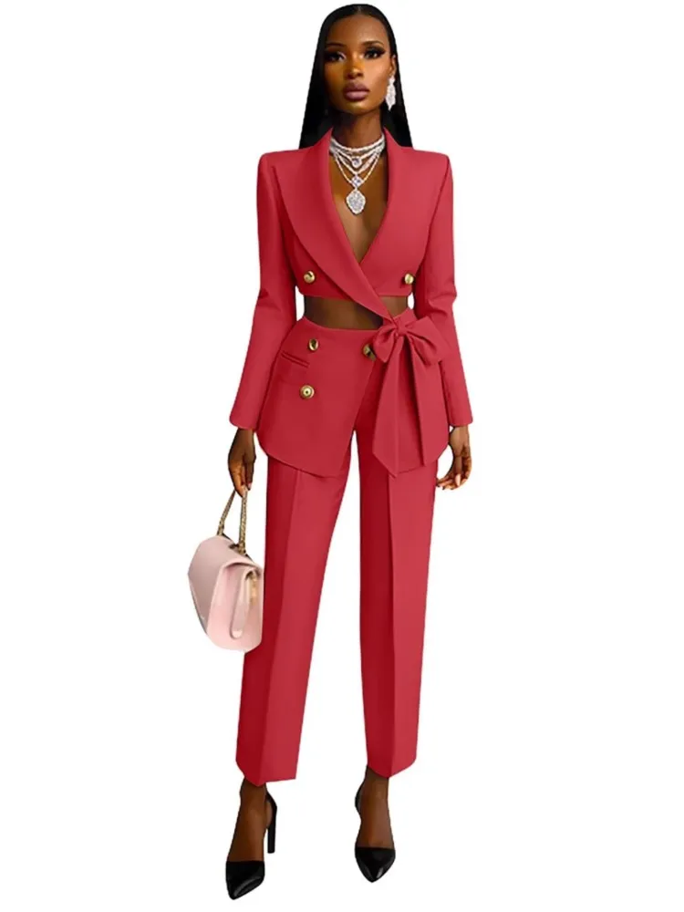

Sexy Waist Cut Out Blazer Top And Office Pants Two Piece Set For Women Spring Fashion Cross Strap Slim Suit
