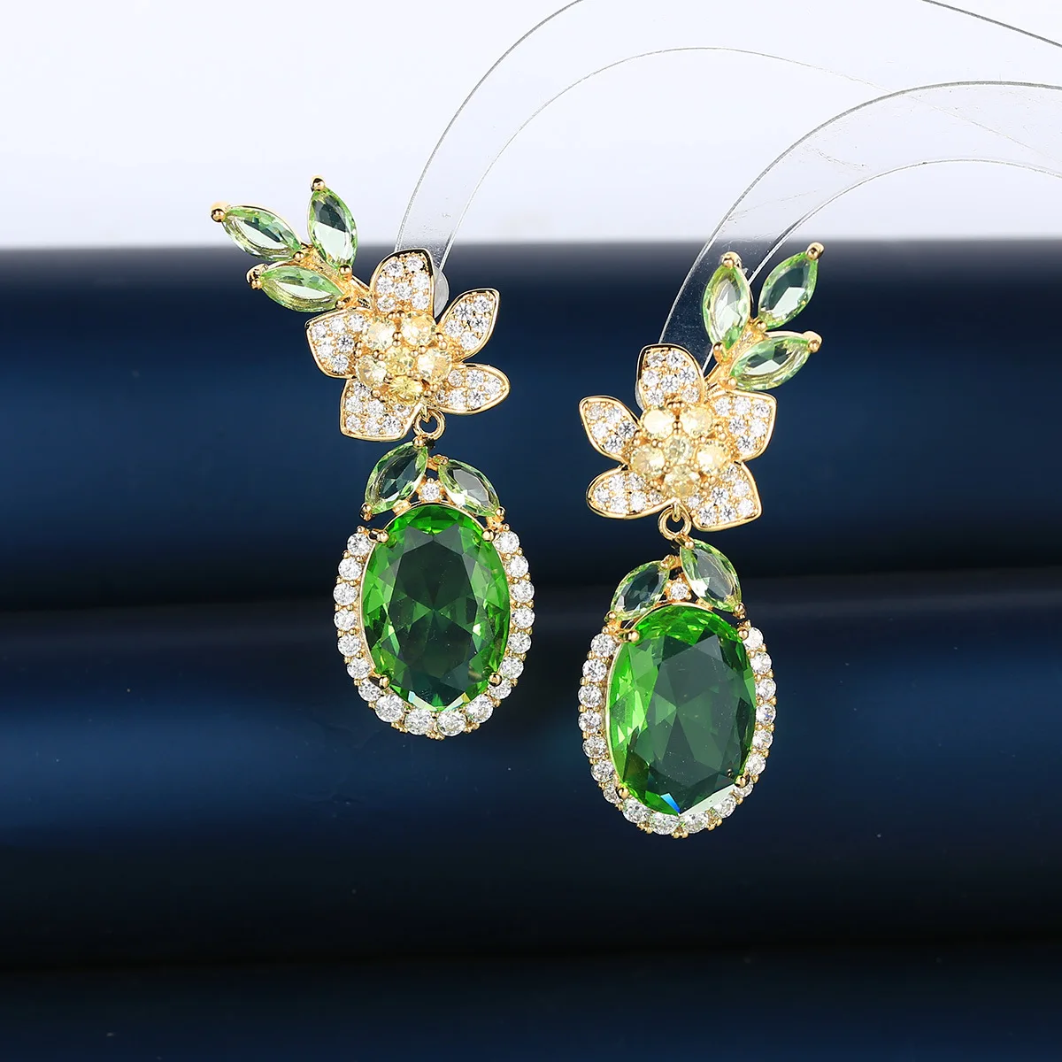 Bilincolor Blossoming Flower Lightweight Water Drop Shaped Green Zircon Earrings