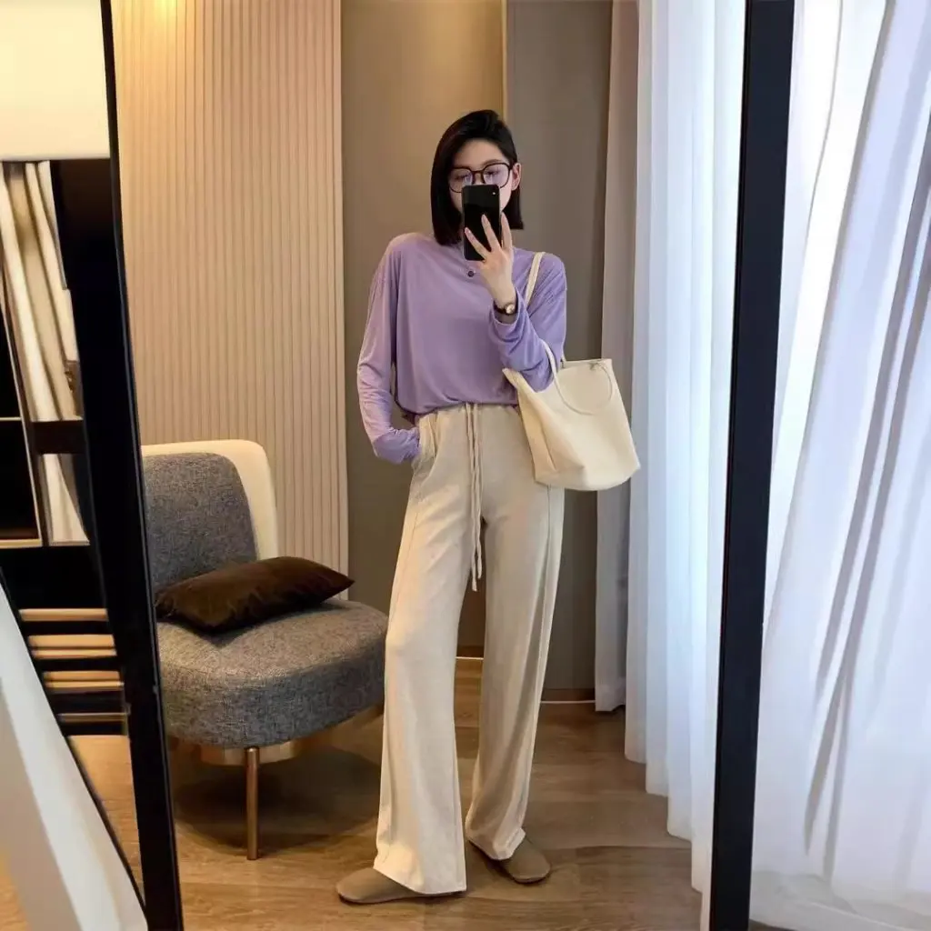 

Women's Water-soluble Sheep Long-sleeved T-shirt Korean-style round Neck Solid Color Breathable Cool Top Large Size Thin Fit