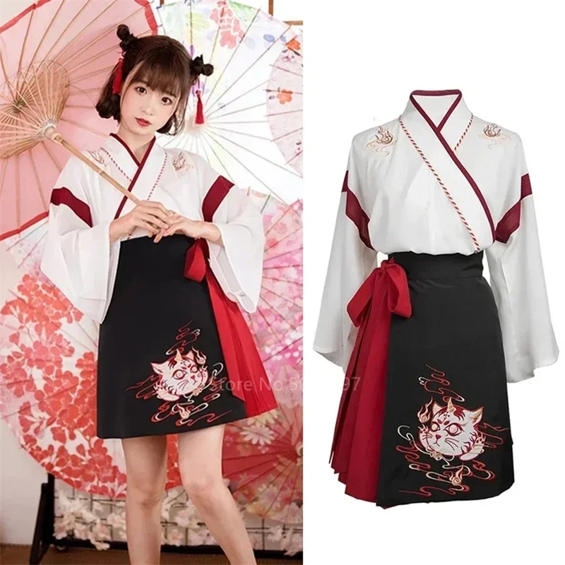 2025halloweenJapanese Dress Kimono Woman Black White Cat Embroidery Skirts Vintage Asian Clothing Yukata Haori Cosplay Party