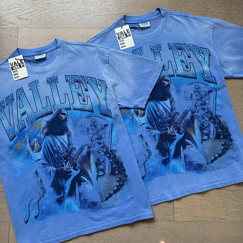 Vale Valley Retro Washed Heavyweight Pure Cotton Short Sleeve T-Shirt Guitarist Print Glitter American Trendy Brand Street St...