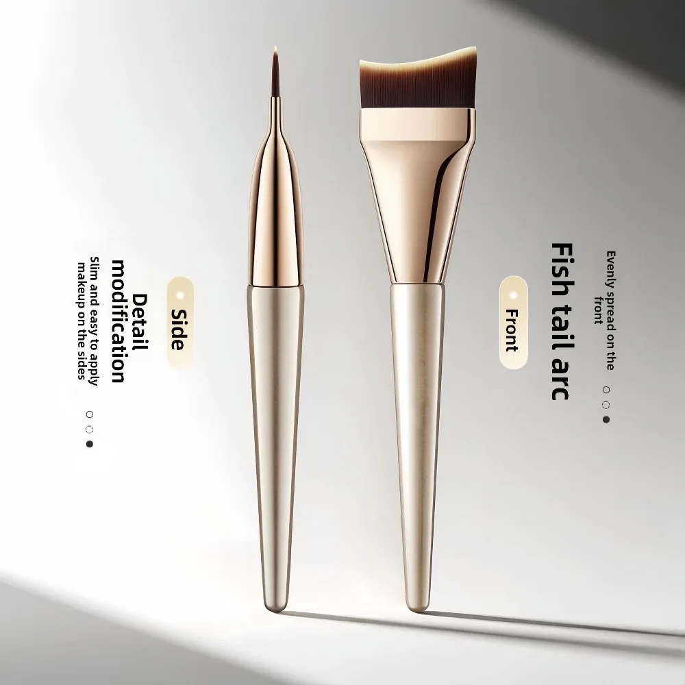 2pcs Flat Angled Crescent Foundation Brush, Slim Fishtail No-waste Seamless Brush for Beginner Daily Makeup