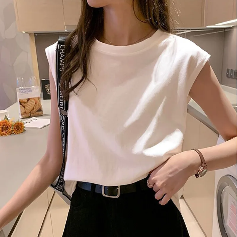 Women Summer New White Vest Loose-Fit Round Neck Sleeveless T-Shirt Lady Top Girl Student Casual Top Students Layer T-Shirt Vest