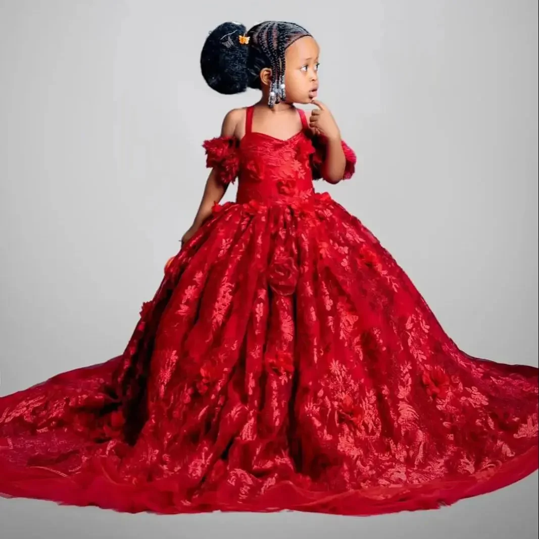 

Customized Red Flower Girl Dresses For Wedding Appliques Floral Gloor Length Gorgeous Baby First Communion Quinceanera Prom Gown