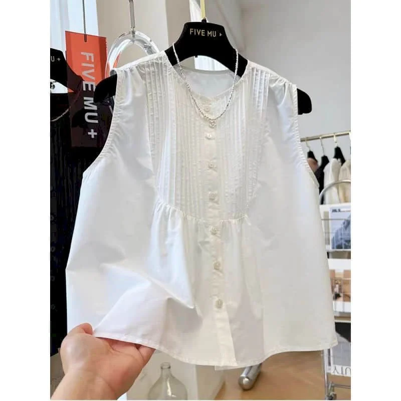 Well-designed Tank Tops O-neck Casual Korean Style Crop Tops Classy Aesthetic Pleated Design Shirts 2026 Summer Women Clothing