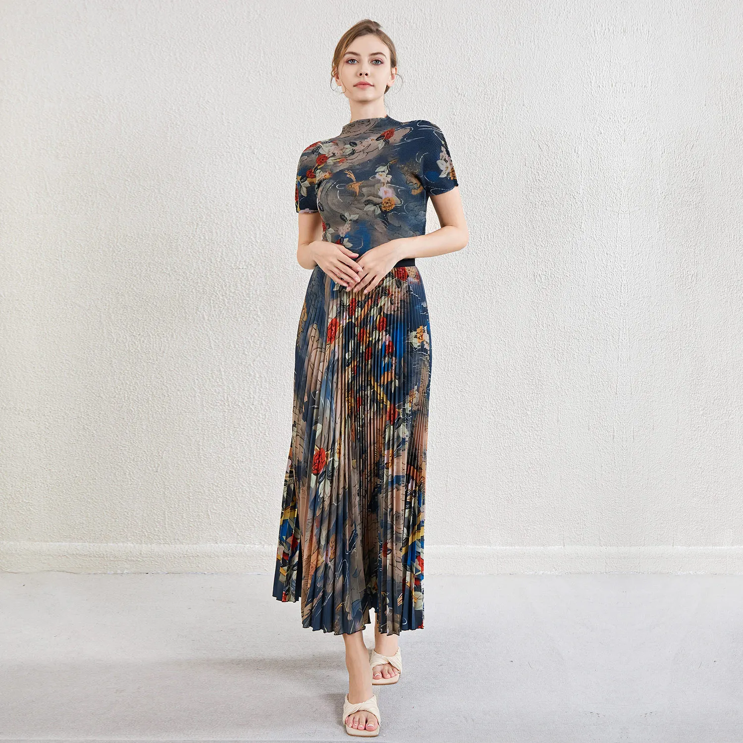 Miyake women's mid-length European and American style pleated skirt suit pleated printed top and printed pleated skirt two-piece