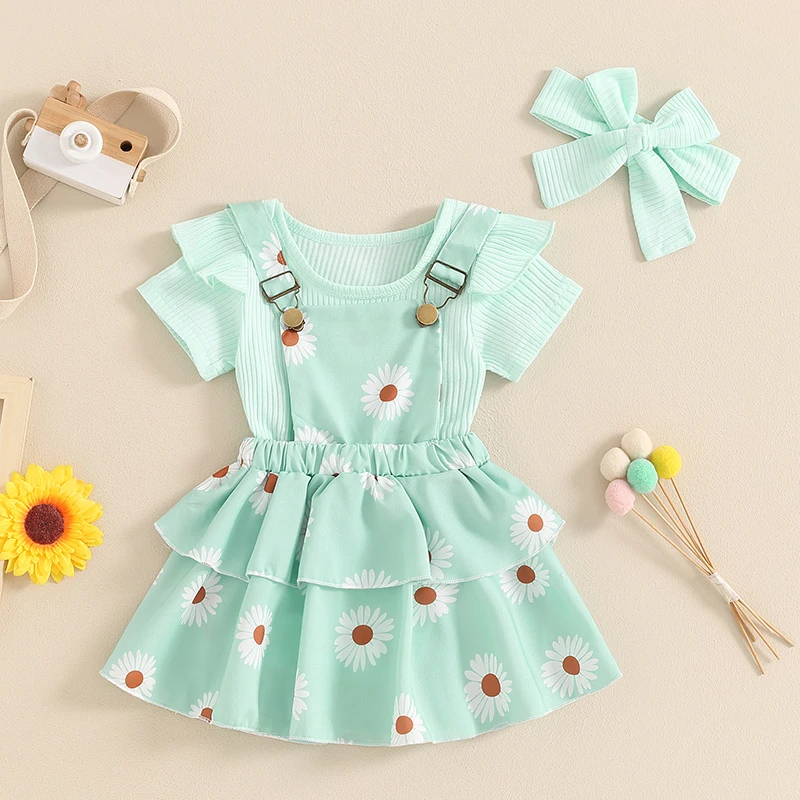 Toddler Baby Girl Outfit Short Sleeve Ribbed Romper Tops Summer Jumpsuit Daisy Suspender Dress with Headband Children Outerwear