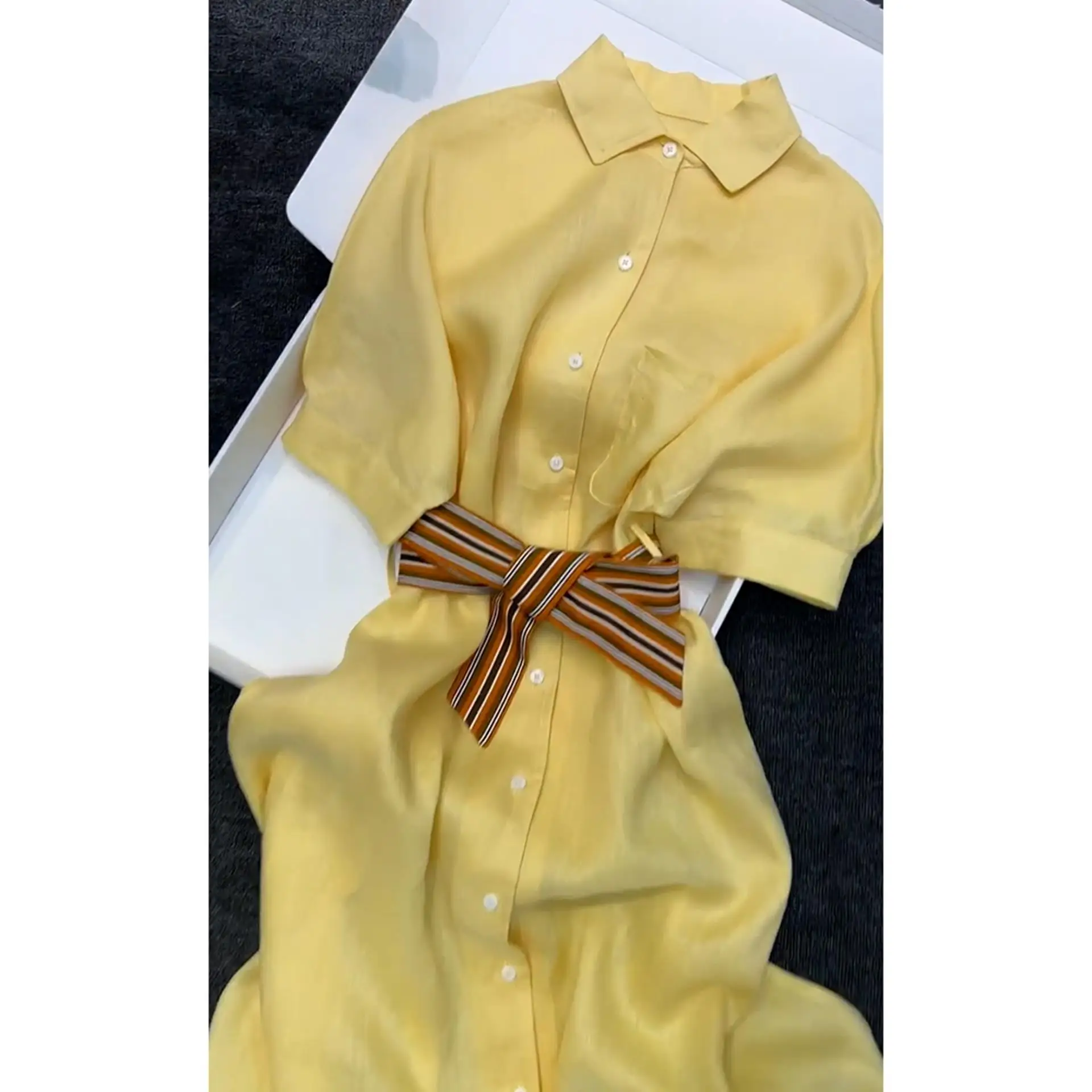 Ele Yellow  Collar Cotton Linen ort Sve Dr Summer High Waist A-Line Skirt Sle Women's Faion Dr