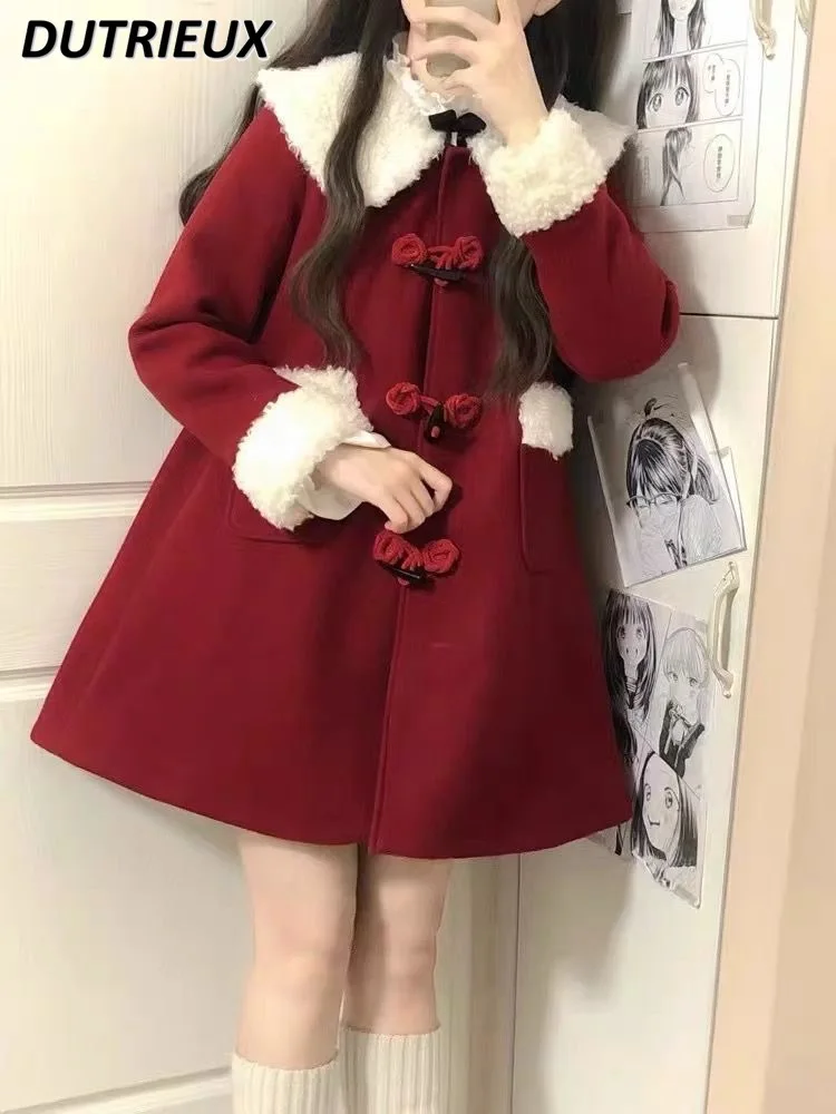 

Women's Wool Coats Winter Girl Fashion Sweet Cute Elegant Thick Woolen Coat New Year Christmas Elegant Mid-length Jacket