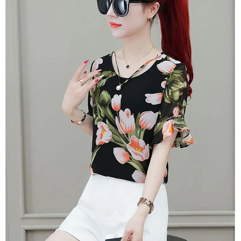 Women Spring Summer Blouses Shirts Lady Fashion Casual Short Sleeve O-Neck Collar Printing Blusas Tops G2801